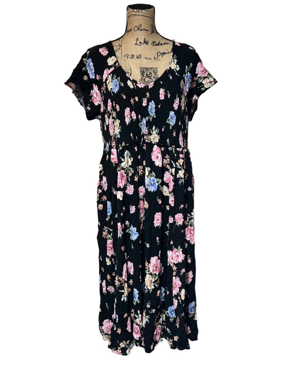 Torrid Black Floral Print Babydoll Dress Womens Plus Size 4 Short Sleeve Midi